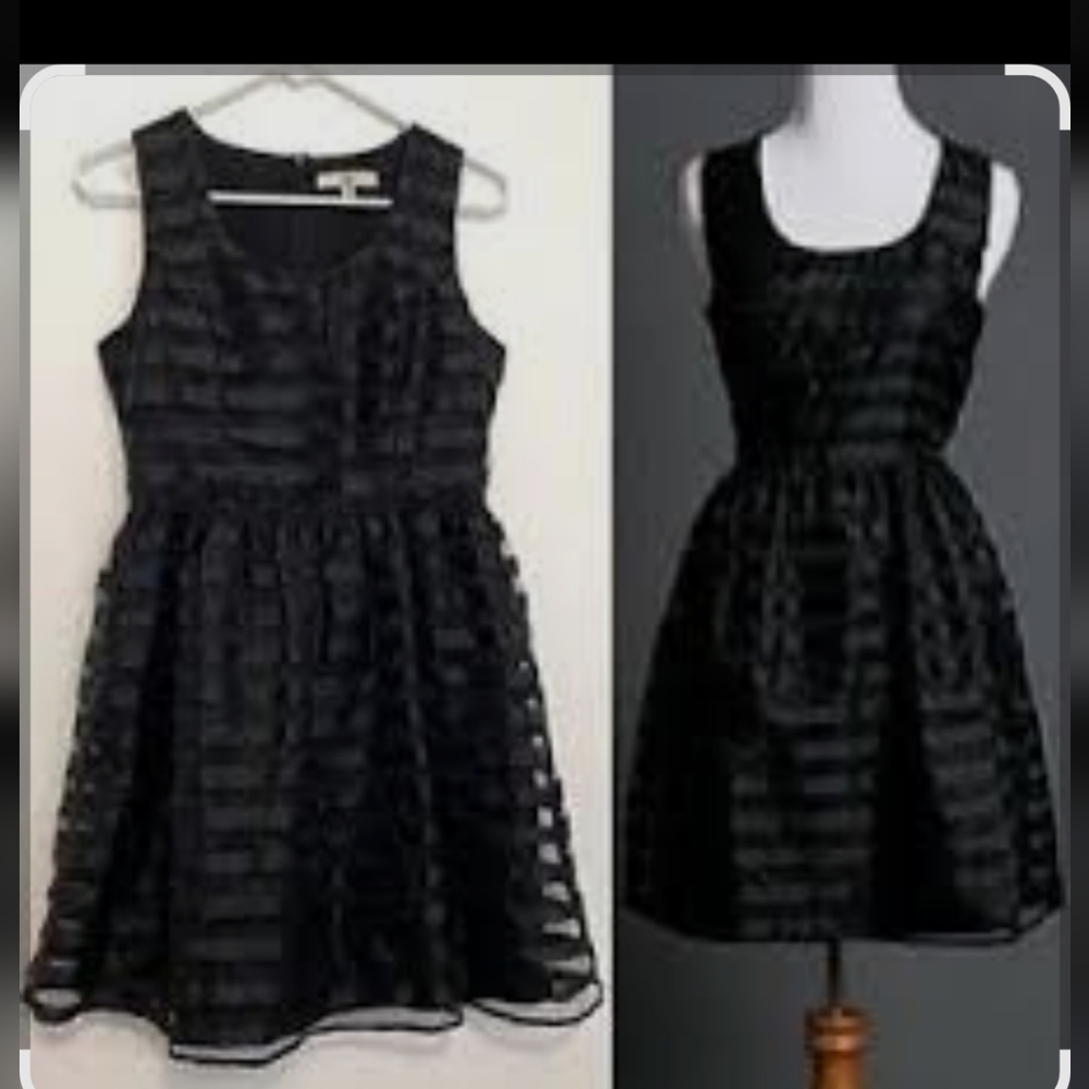 YA LOS ANGELES Black Striped Organza Holiday Party Mini Fit Flare Dress Mediu